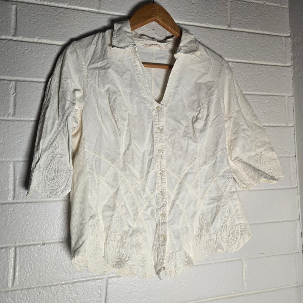 Soft Surroundings Embroidered Button Shirt Large Scalloped Boho Texture Hippie